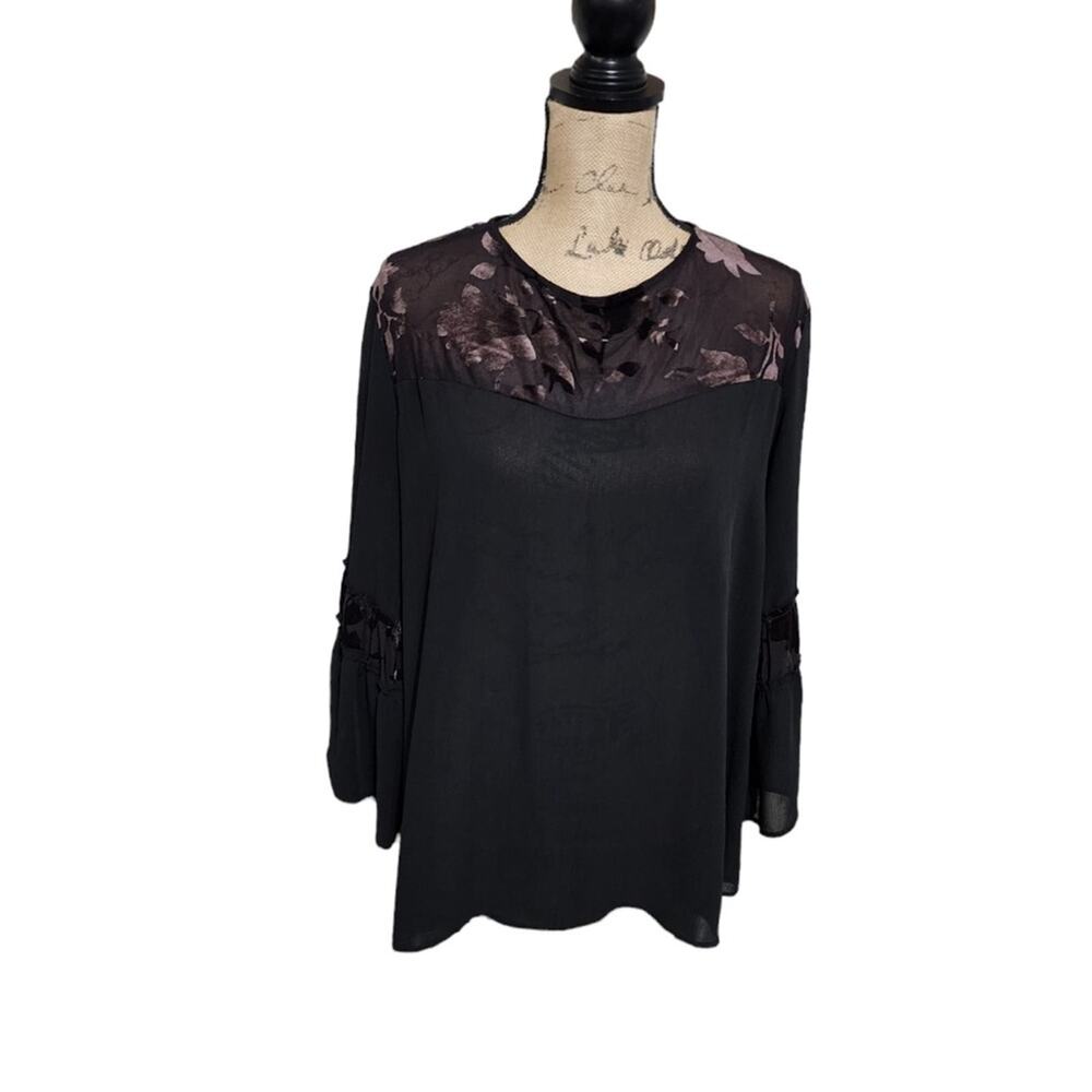 LORALEtte Black Slightly Sheer Burnout Bell Sleeve Blouse Plus Size 2X